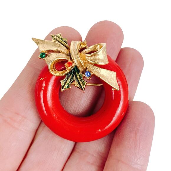VTG Signed ART 60s Brooch Christmas Wreath Enamel Rhinestone Pin Nostalgic Retro - Picture 2 of 11